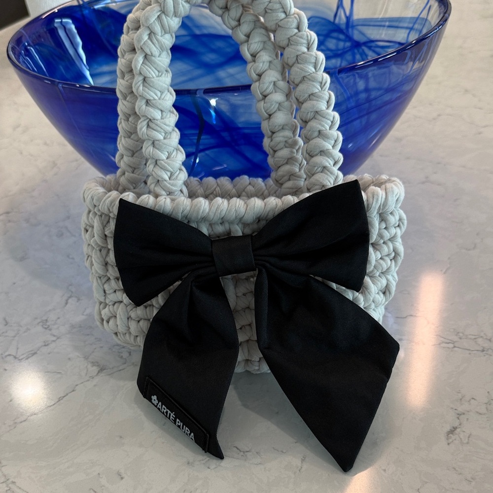 Handcrafted Gray and Black Bow Kids Bag